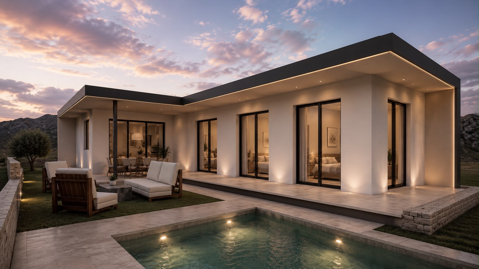 Casa Calma, vivienda unifamiliar con piscina al atardecer